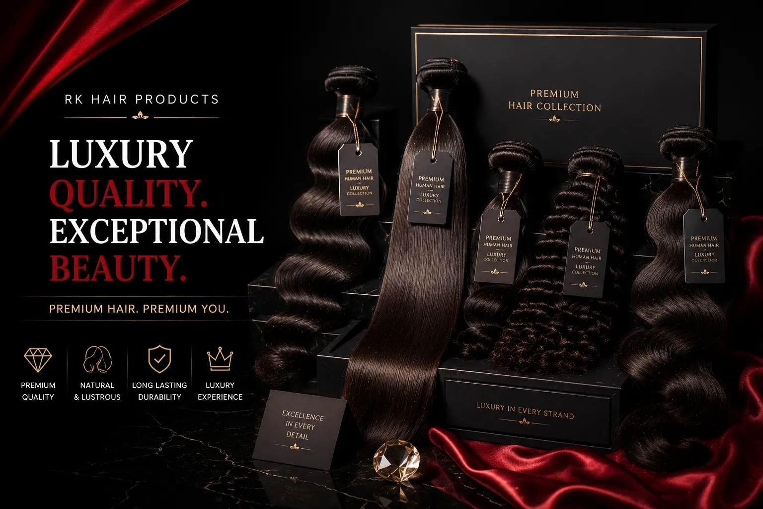 Luxury display of premium human hair extensions